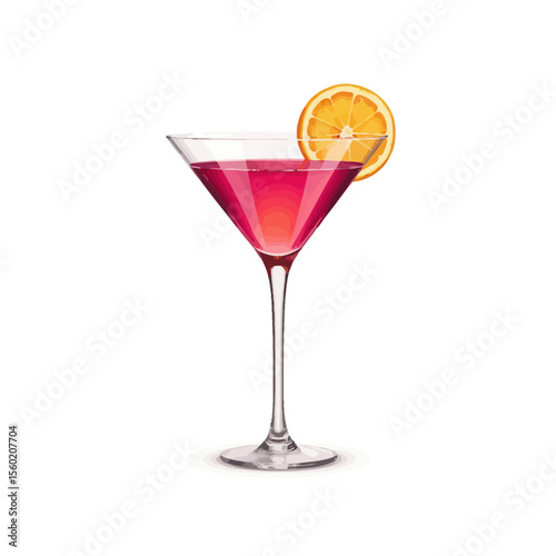 Pink cocktail in a martini glass with orange slice garnish  
