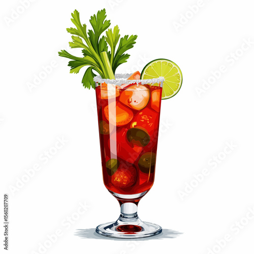 Illustration of a refreshing bloody mary cocktail with garnish  