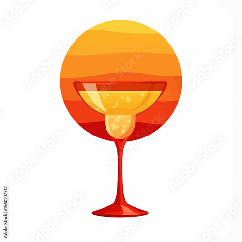 Abstract cocktail glass with yellow drink and vibrant sunset background  