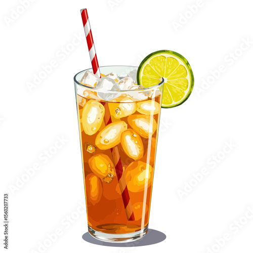 Refreshing iced tea drink with lemon and ice in glass  