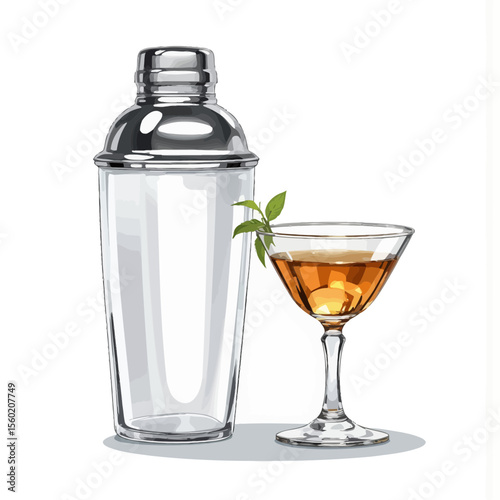 Cocktail shaker and glass with drink and mint garnish  