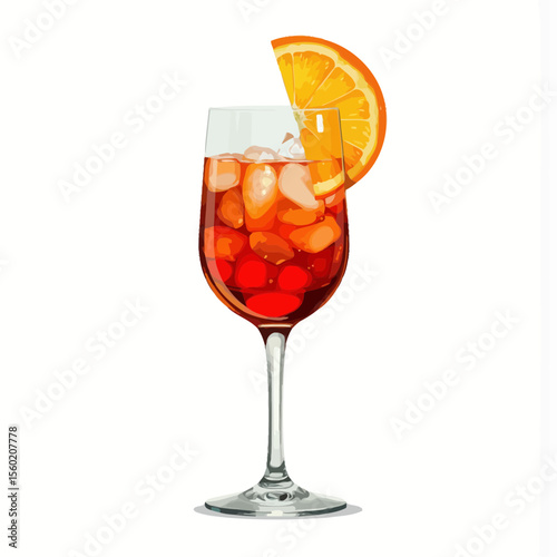 Refreshing cocktail with ice cubes and orange slice garnish  