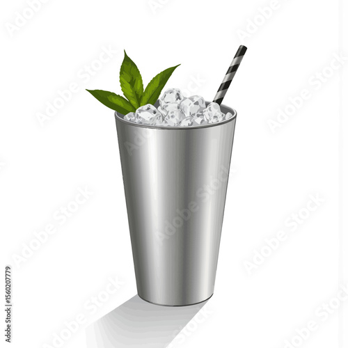 Silver metal cup with frosted beverage and mint leaf garnish  