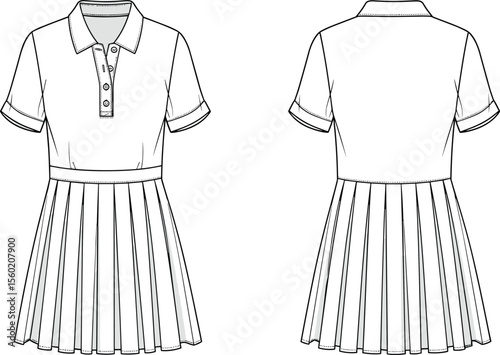 Polo collar pleated dress flat sketch, front and back technical drawing, fashion design template, vector illustration for clothing mockup