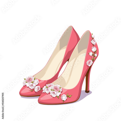 Pink high heel shoes with floral embellishments on white background  