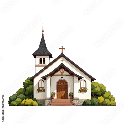 Small church building with cross and greenery surrounding it  