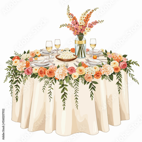 Elegant dining table decoration with flowers and dessert for celebration  