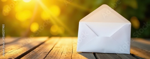 White envelope in warm sunlight, wooden surface , blank, delivery