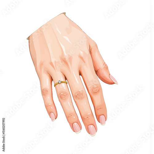 Hand wearing a ring with manicured nails on a white background  