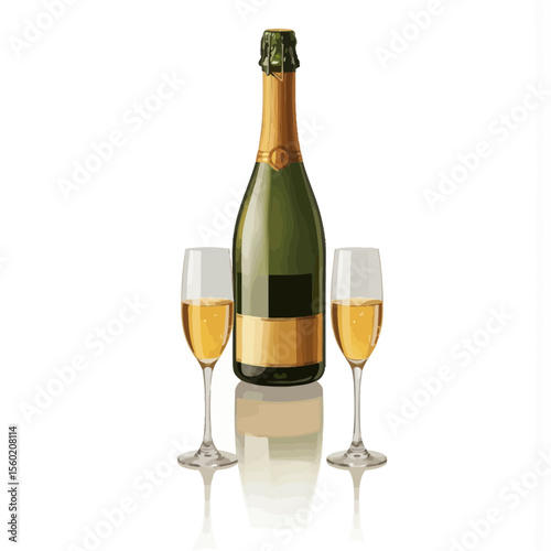 Champagne bottle with two glasses on white background  