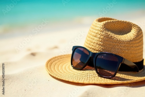 Wide brim straw hat and sunglasses on beach sand , ocean, bright