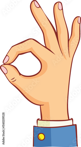 Cartoon hand making an "OK" gesture, with a blue sleeve and yellow button.