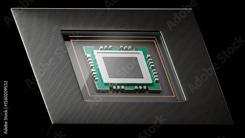 Visible AI core processing unit encased in a transparent glass panel, framed by a sleek, high-tech carbon fiber structure.