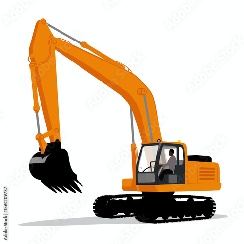 Excavator machine operated by worker in orange color on white background  