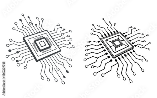 Two detailed microchips with circuit lines isolated on white background