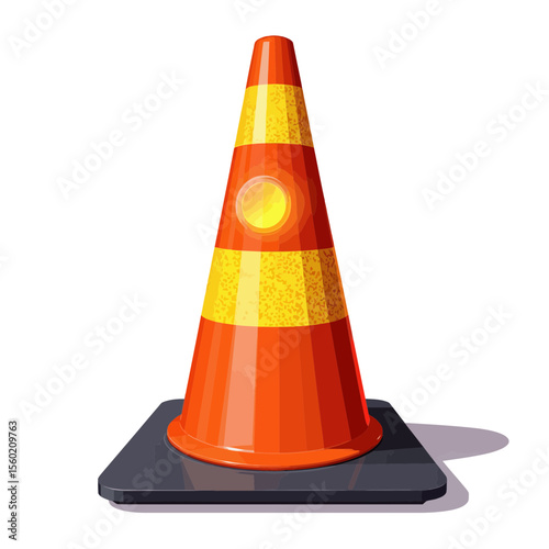 Orange traffic cone with reflective stripes on black base  