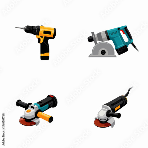 Various power tools including drill, saw, and grinder on white background  
