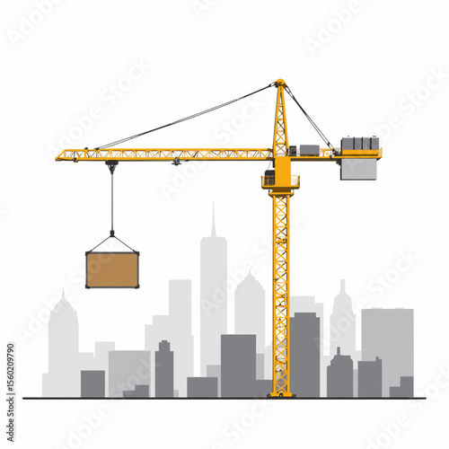 Yellow construction crane lifting a box against city skyline  
