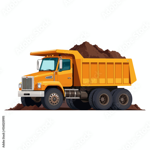 Dump truck loaded with dirt in vibrant yellow color  