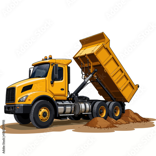 Yellow dump truck unloading soil at construction site  