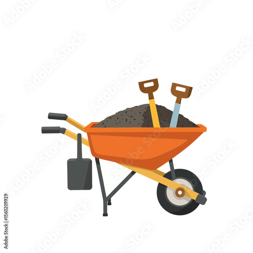 Wheelbarrow filled with soil and two shovels on white background  