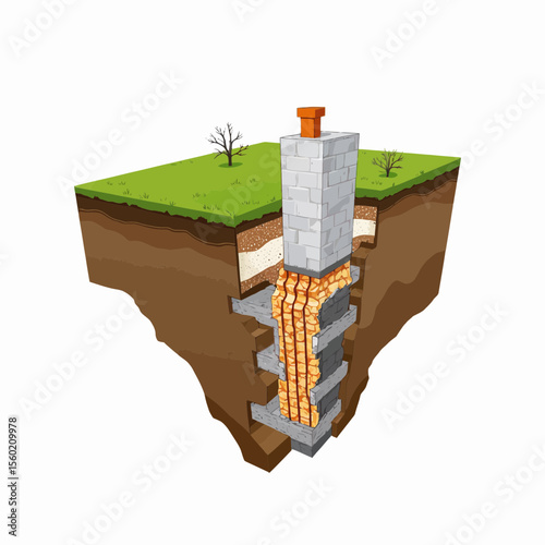 Underground chimney with visible smoke passage and grassy surface  