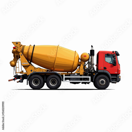 Red concrete mixer truck with yellow drum on white background  