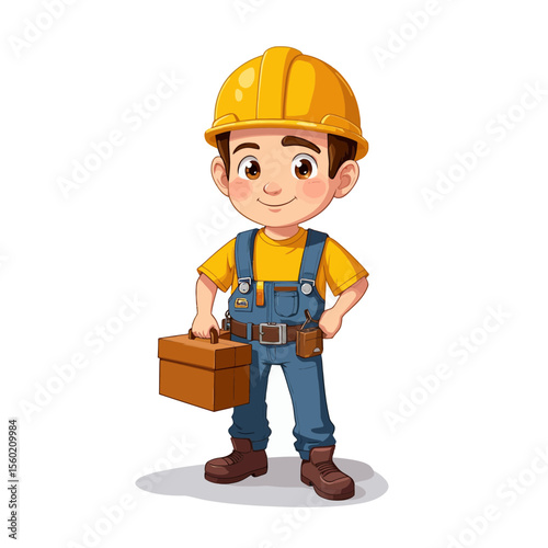 Young boy wearing yellow hard hat and holding toolbox  