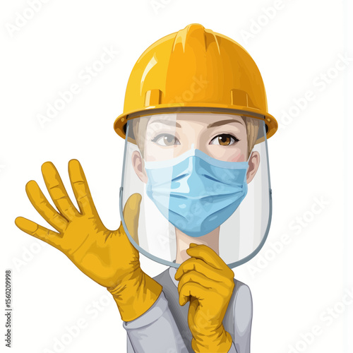 Woman in protective gear waving with yellow helmet and gloves  