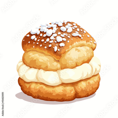 Cream-filled pastry with sugar topping on white background  