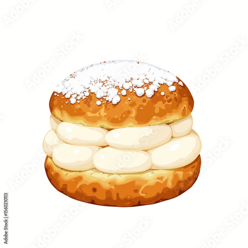 Cream-filled pastry with powdered sugar topping on white background  