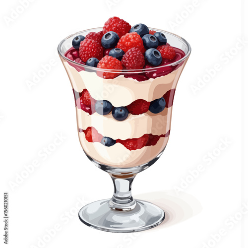Delicious parfait dessert with raspberries and blueberries in glass  