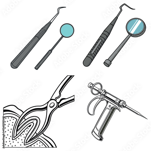 A closeup illustration shows various dental instruments isolated on white background
