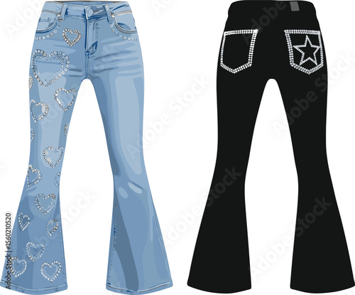 Stylish bell bottom jeans with rhinestone heart and star details, front and back view, cad fashion flat vector illustration