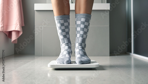 Person's legs in grey and white checkered socks standing on a digital scale in a modern bathroom, representing weight management, health journey, and daily routine in a home setting.


