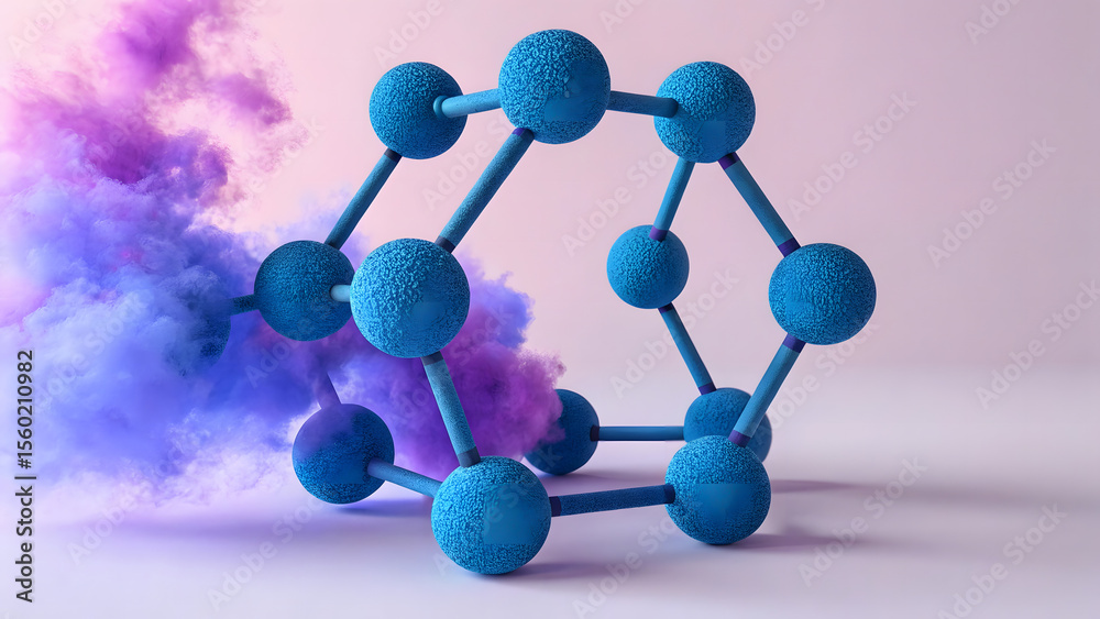 Obraz premium Abstract molecular structure with blue spheres and purple smoke on a pastel background.