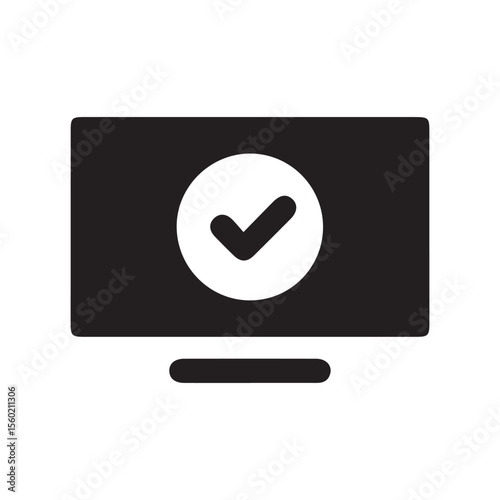 computer screen with check mark icon representing approval, confirmation, system validation and success
