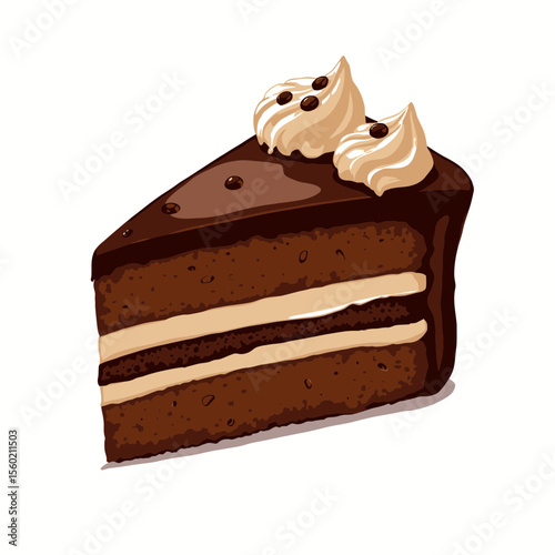 Chocolate cake slice with cream topping on white background  