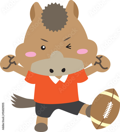 ラグビーボールを蹴る馬のキャラクター（午年スポーツ素材）