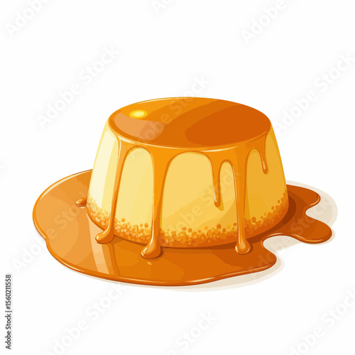 Flan dessert with caramel sauce dripping on white background  