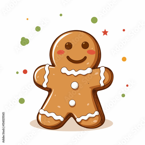 Gingerbread man cookie with smiling face and festive decorations  