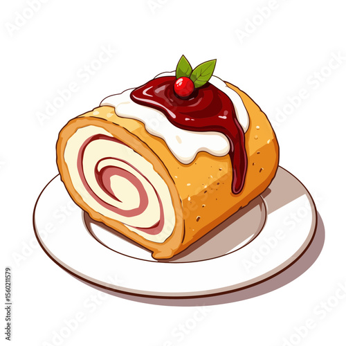 Swiss roll cake with cream and cherry sauce on white plate  
