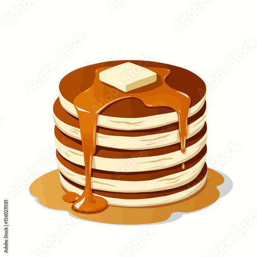 Stack of pancakes with melting butter and syrup on a white background  