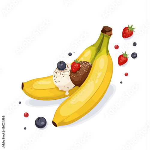 Two ripe bananas with ice cream and berries on white background  