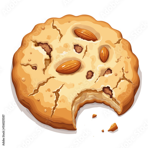 Almond cookie with bite taken out showcasing texture and details  