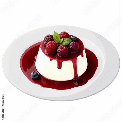 Creamy panna cotta topped with berry sauce and fresh raspberries  