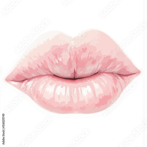 Pink illustrated lips with glossy texture on a white background  