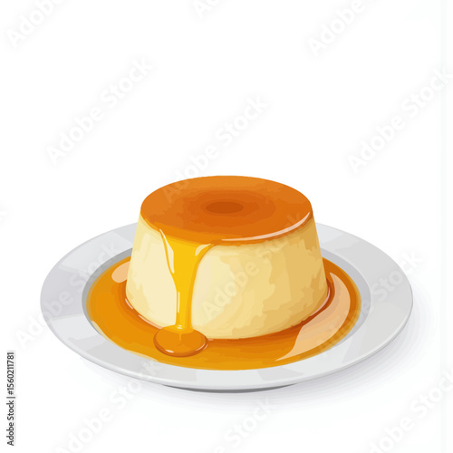 Creamy caramel flan dessert on a white plate with syrup drizzle  