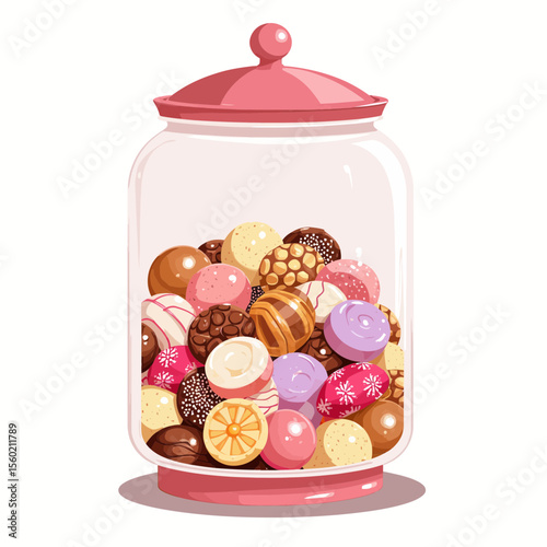 Colorful candies in glass jar with pink lid on white background  