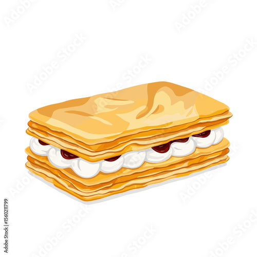 Cream-filled pastry with layers and jam on a white background  